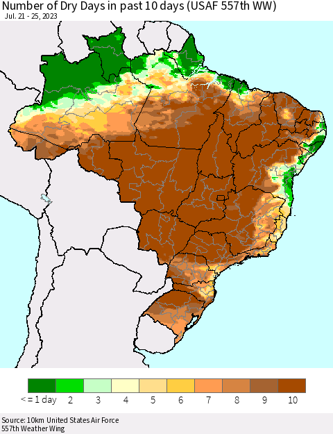 Brazil Number of Dry Days in past 10 days (USAF 557th WW) Thematic Map For 7/21/2023 - 7/25/2023