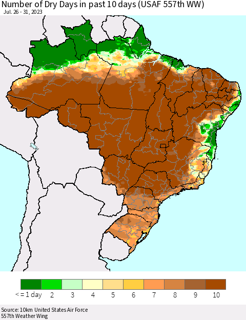 Brazil Number of Dry Days in past 10 days (USAF 557th WW) Thematic Map For 7/26/2023 - 7/31/2023