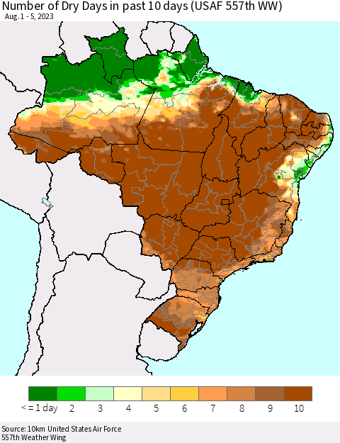 Brazil Number of Dry Days in past 10 days (USAF 557th WW) Thematic Map For 8/1/2023 - 8/5/2023