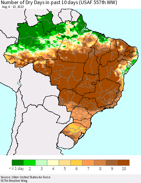 Brazil Number of Dry Days in past 10 days (USAF 557th WW) Thematic Map For 8/6/2023 - 8/10/2023