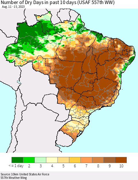 Brazil Number of Dry Days in past 10 days (USAF 557th WW) Thematic Map For 8/11/2023 - 8/15/2023