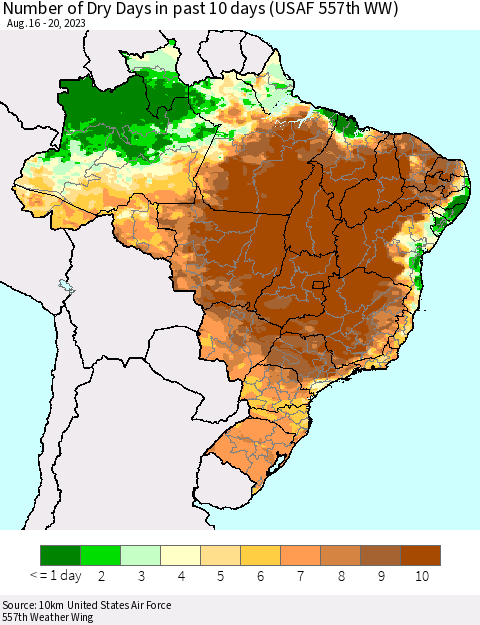 Brazil Number of Dry Days in past 10 days (USAF 557th WW) Thematic Map For 8/16/2023 - 8/20/2023