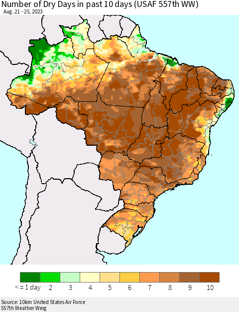 Brazil Number of Dry Days in past 10 days (USAF 557th WW) Thematic Map For 8/21/2023 - 8/25/2023