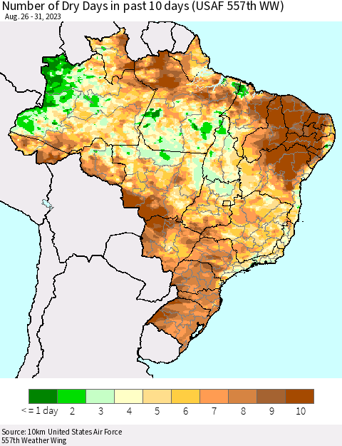 Brazil Number of Dry Days in past 10 days (USAF 557th WW) Thematic Map For 8/26/2023 - 8/31/2023