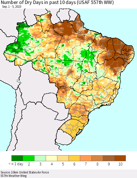 Brazil Number of Dry Days in past 10 days (USAF 557th WW) Thematic Map For 9/1/2023 - 9/5/2023