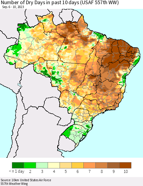 Brazil Number of Dry Days in past 10 days (USAF 557th WW) Thematic Map For 9/6/2023 - 9/10/2023