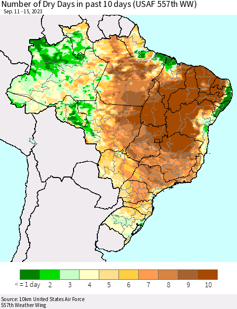 Brazil Number of Dry Days in past 10 days (USAF 557th WW) Thematic Map For 9/11/2023 - 9/15/2023