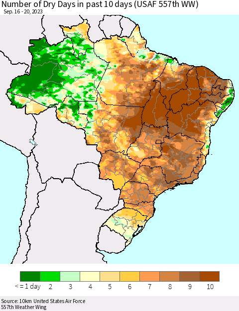 Brazil Number of Dry Days in past 10 days (USAF 557th WW) Thematic Map For 9/16/2023 - 9/20/2023