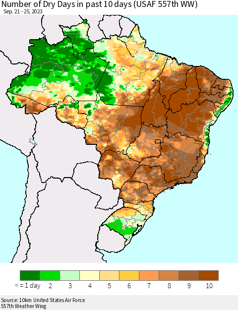 Brazil Number of Dry Days in past 10 days (USAF 557th WW) Thematic Map For 9/21/2023 - 9/25/2023