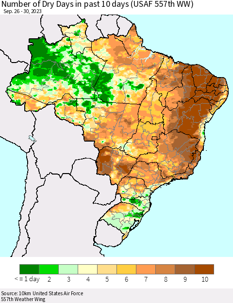 Brazil Number of Dry Days in past 10 days (USAF 557th WW) Thematic Map For 9/26/2023 - 9/30/2023