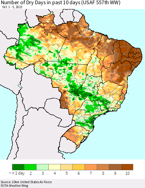 Brazil Number of Dry Days in past 10 days (USAF 557th WW) Thematic Map For 10/1/2023 - 10/5/2023