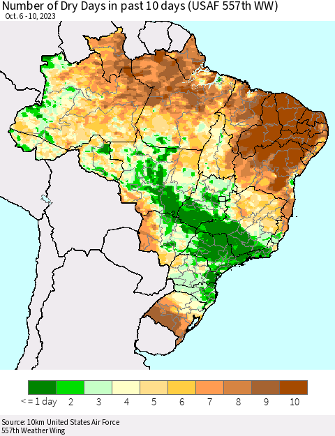 Brazil Number of Dry Days in past 10 days (USAF 557th WW) Thematic Map For 10/6/2023 - 10/10/2023