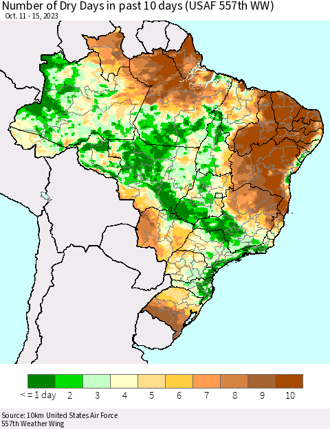 Brazil Number of Dry Days in past 10 days (USAF 557th WW) Thematic Map For 10/11/2023 - 10/15/2023