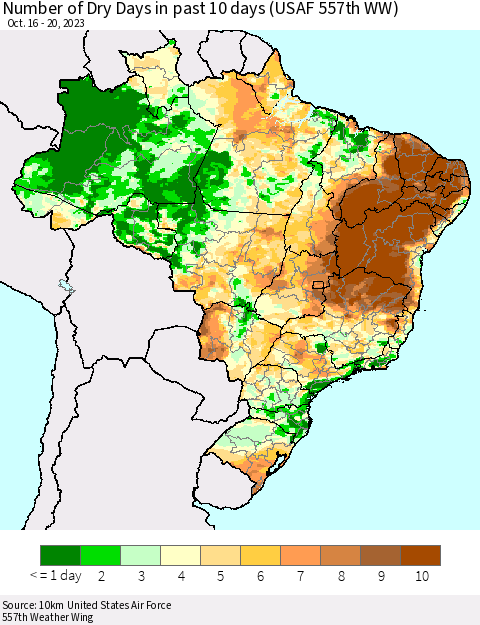 Brazil Number of Dry Days in past 10 days (USAF 557th WW) Thematic Map For 10/16/2023 - 10/20/2023