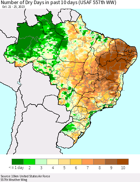 Brazil Number of Dry Days in past 10 days (USAF 557th WW) Thematic Map For 10/21/2023 - 10/25/2023