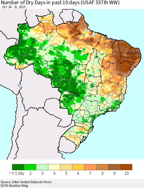 Brazil Number of Dry Days in past 10 days (USAF 557th WW) Thematic Map For 10/26/2023 - 10/31/2023