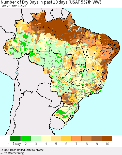 Brazil Number of Dry Days in past 10 days (USAF 557th WW) Thematic Map For 11/1/2023 - 11/5/2023