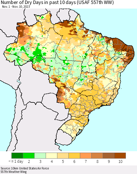Brazil Number of Dry Days in past 10 days (USAF 557th WW) Thematic Map For 11/6/2023 - 11/10/2023