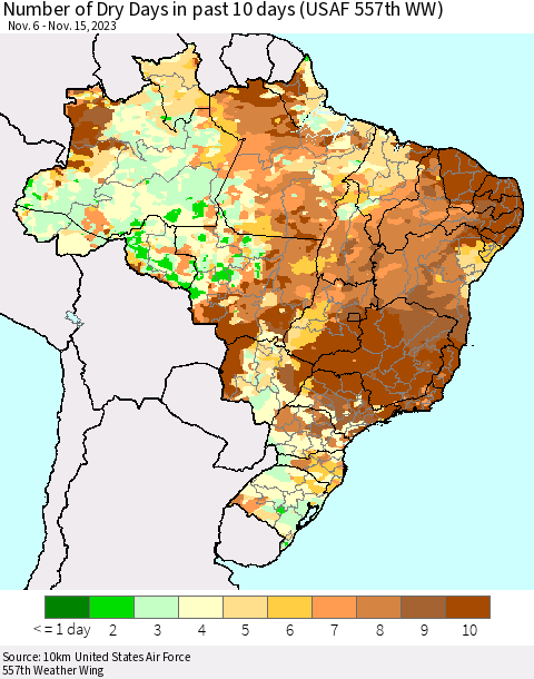 Brazil Number of Dry Days in past 10 days (USAF 557th WW) Thematic Map For 11/11/2023 - 11/15/2023