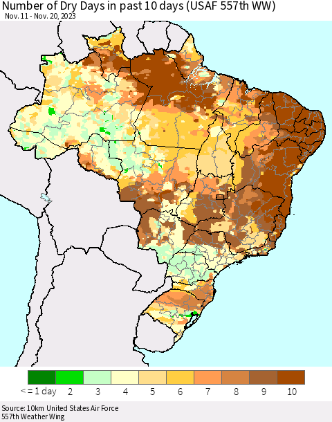 Brazil Number of Dry Days in past 10 days (USAF 557th WW) Thematic Map For 11/16/2023 - 11/20/2023
