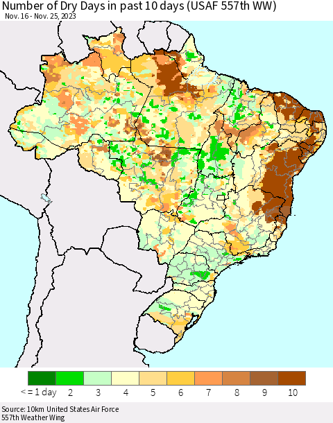 Brazil Number of Dry Days in past 10 days (USAF 557th WW) Thematic Map For 11/21/2023 - 11/25/2023