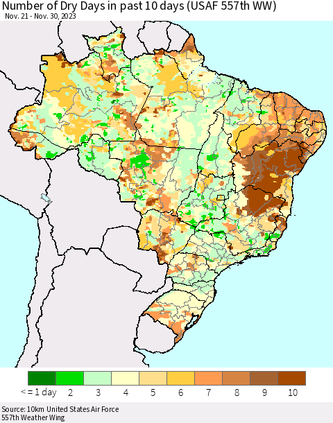 Brazil Number of Dry Days in past 10 days (USAF 557th WW) Thematic Map For 11/26/2023 - 11/30/2023