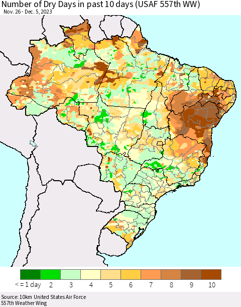 Brazil Number of Dry Days in past 10 days (USAF 557th WW) Thematic Map For 12/1/2023 - 12/5/2023