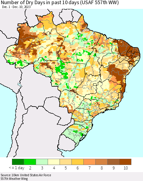 Brazil Number of Dry Days in past 10 days (USAF 557th WW) Thematic Map For 12/6/2023 - 12/10/2023