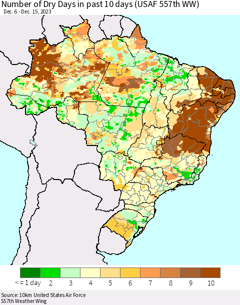 Brazil Number of Dry Days in past 10 days (USAF 557th WW) Thematic Map For 12/11/2023 - 12/15/2023