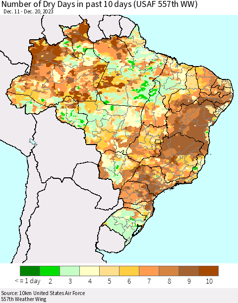 Brazil Number of Dry Days in past 10 days (USAF 557th WW) Thematic Map For 12/16/2023 - 12/20/2023