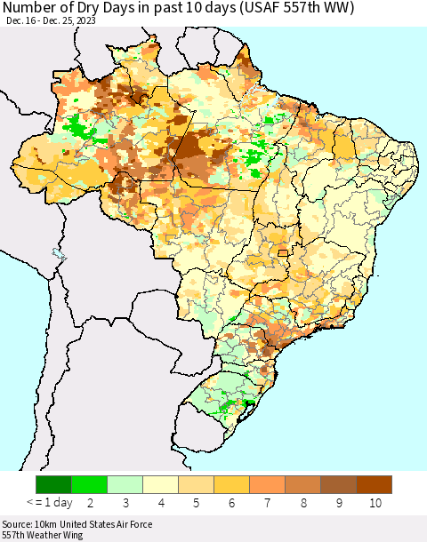 Brazil Number of Dry Days in past 10 days (USAF 557th WW) Thematic Map For 12/21/2023 - 12/25/2023