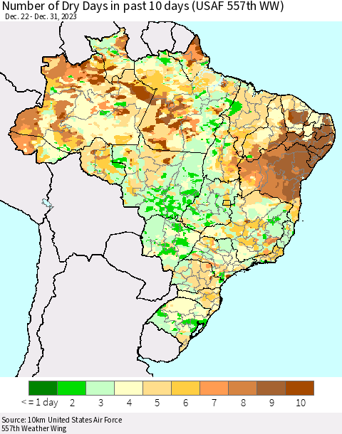 Brazil Number of Dry Days in past 10 days (USAF 557th WW) Thematic Map For 12/26/2023 - 12/31/2023