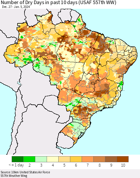 Brazil Number of Dry Days in past 10 days (USAF 557th WW) Thematic Map For 1/1/2024 - 1/5/2024