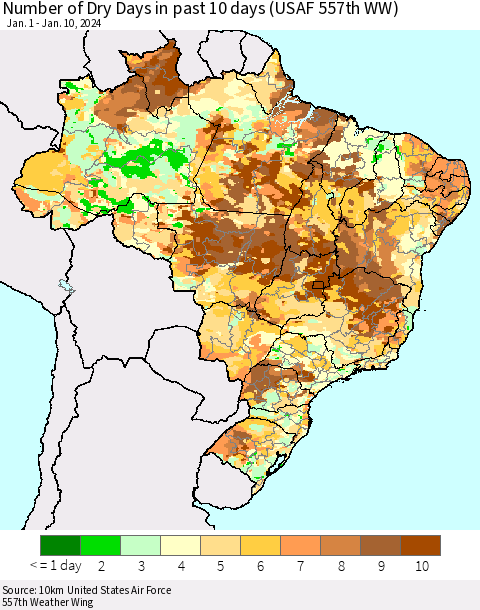 Brazil Number of Dry Days in past 10 days (USAF 557th WW) Thematic Map For 1/6/2024 - 1/10/2024