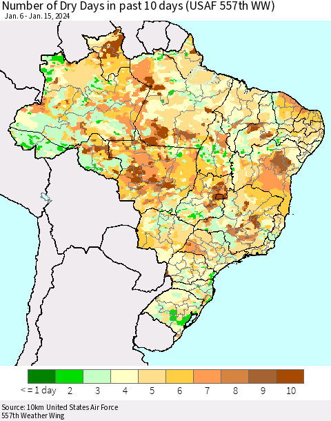 Brazil Number of Dry Days in past 10 days (USAF 557th WW) Thematic Map For 1/11/2024 - 1/15/2024