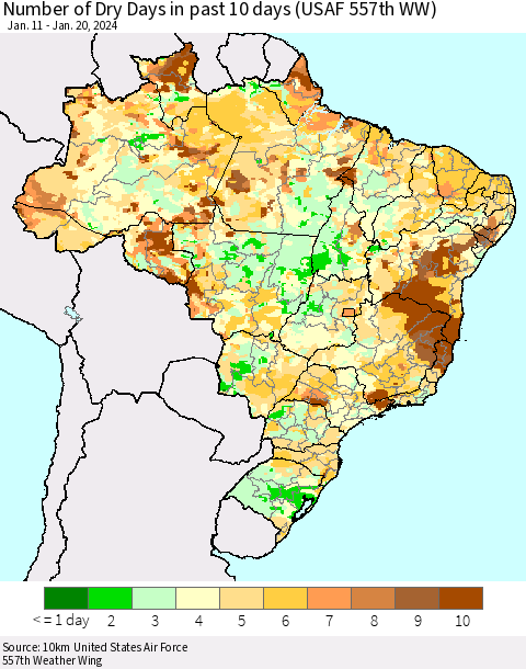 Brazil Number of Dry Days in past 10 days (USAF 557th WW) Thematic Map For 1/16/2024 - 1/20/2024