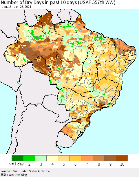 Brazil Number of Dry Days in past 10 days (USAF 557th WW) Thematic Map For 1/21/2024 - 1/25/2024