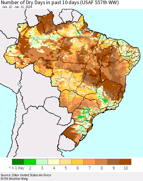 Brazil Number of Dry Days in past 10 days (USAF 557th WW) Thematic Map For 1/26/2024 - 1/31/2024