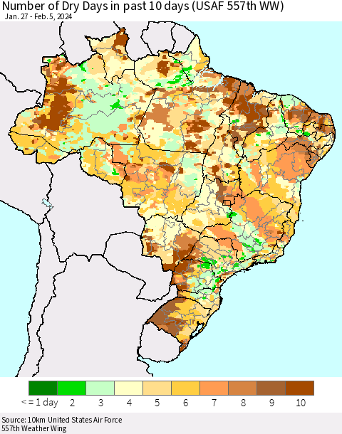 Brazil Number of Dry Days in past 10 days (USAF 557th WW) Thematic Map For 2/1/2024 - 2/5/2024