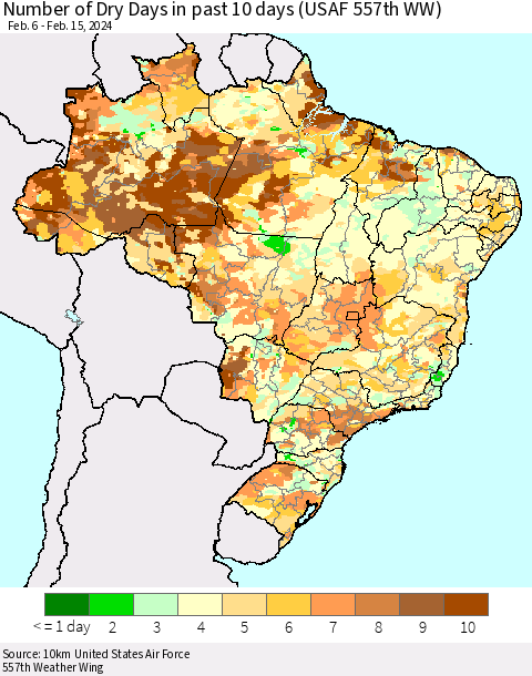 Brazil Number of Dry Days in past 10 days (USAF 557th WW) Thematic Map For 2/11/2024 - 2/15/2024