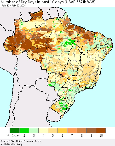 Brazil Number of Dry Days in past 10 days (USAF 557th WW) Thematic Map For 2/16/2024 - 2/20/2024