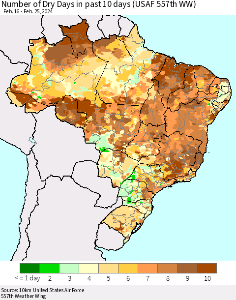 Brazil Number of Dry Days in past 10 days (USAF 557th WW) Thematic Map For 2/21/2024 - 2/25/2024