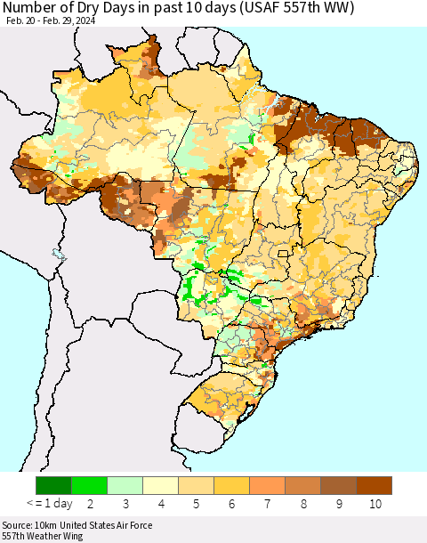 Brazil Number of Dry Days in past 10 days (USAF 557th WW) Thematic Map For 2/26/2024 - 2/29/2024