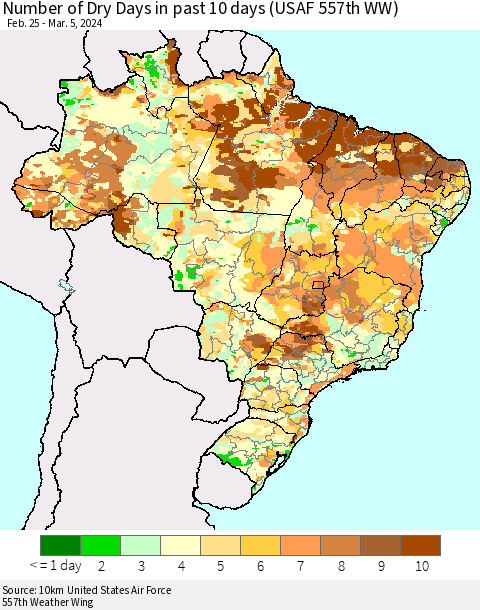 Brazil Number of Dry Days in past 10 days (USAF 557th WW) Thematic Map For 3/1/2024 - 3/5/2024