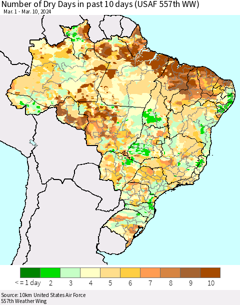 Brazil Number of Dry Days in past 10 days (USAF 557th WW) Thematic Map For 3/6/2024 - 3/10/2024