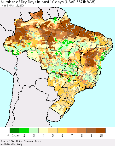 Brazil Number of Dry Days in past 10 days (USAF 557th WW) Thematic Map For 3/11/2024 - 3/15/2024