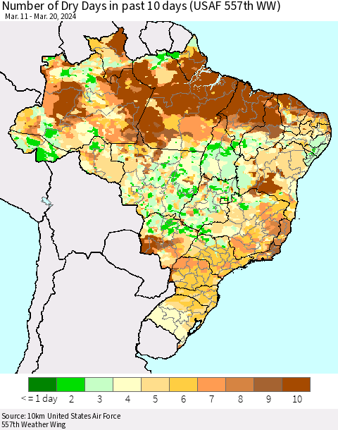Brazil Number of Dry Days in past 10 days (USAF 557th WW) Thematic Map For 3/16/2024 - 3/20/2024