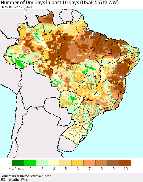 Brazil Number of Dry Days in past 10 days (USAF 557th WW) Thematic Map For 3/21/2024 - 3/25/2024