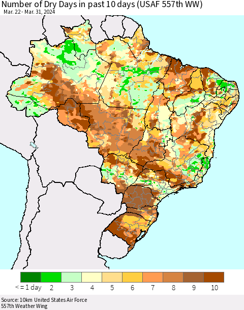 Brazil Number of Dry Days in past 10 days (USAF 557th WW) Thematic Map For 3/26/2024 - 3/31/2024
