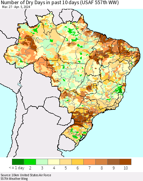 Brazil Number of Dry Days in past 10 days (USAF 557th WW) Thematic Map For 4/1/2024 - 4/5/2024